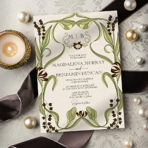 Espresso Brown Vintage Art Nouveau Floral Wedding Invitation