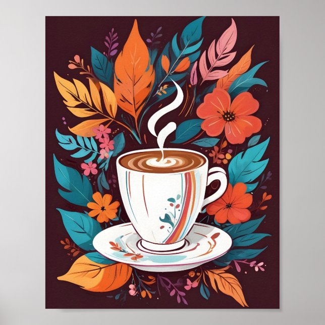 Espresso Coffee Cup wall art with colorful leaves (Front)