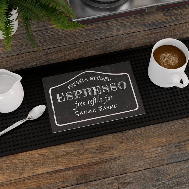 Espresso Coffee Station Rustic Cafe Bar Mat (Just add your name to this rubber bar mat and get all the free refills at your own coffee station)