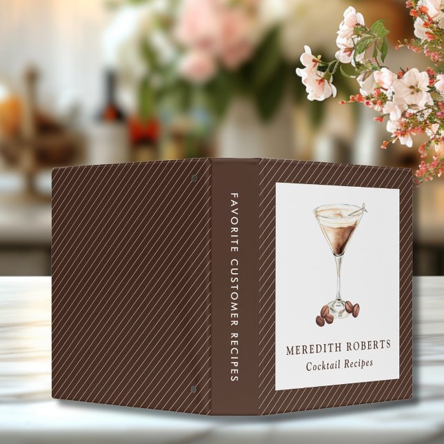Espresso Martini Bartender Cocktail Recipes 3 Ring Binder (Bartender Espresso Martini Theme Elegant Stripes Pattern Personalized Cocktail Recipes Binder)