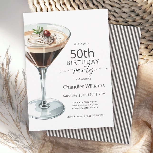 Espresso Martini Cocktail 50th Birthday Party Invitation (Available in both printed and paperless digital download formats.)