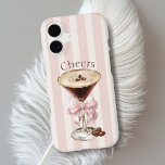 Espresso Martini Cocktail Pink Stripes Cheers iPhone 17 Case<br><div class="desc">Let the good times roll with this girly pink and ecru beige striped pattern with an espresso martini cocktail tied with a feminine pink chiffon bow on the stem. The word "Cheers" is placed above the frothy drink and can be edited with other text if desired. For ladies who enjoy...</div>