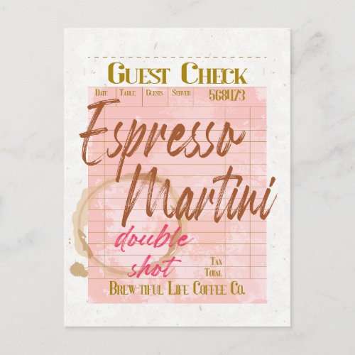 Espresso Martini Guest Check Receipt Typography  Postcard