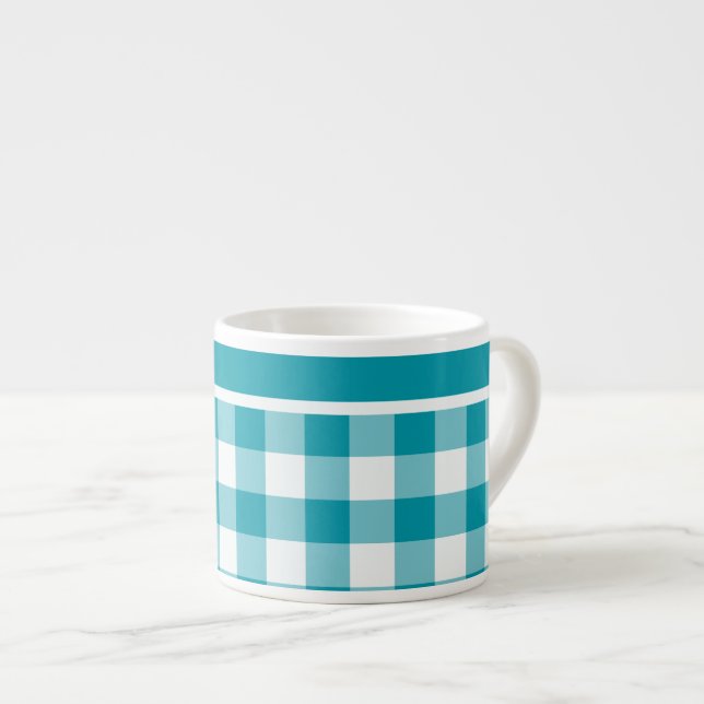 Espresso Mug, Teal and White Check Gingham Espresso Cup (Front Right)