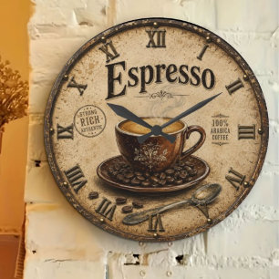 Espresso Vintage Farmhouse Coffee Large Clock