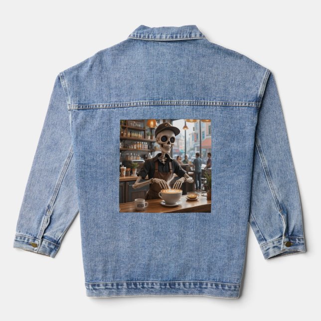 Espresso Yourself – Skeleton Coffee Shop Vibes Denim Jacket (Back)