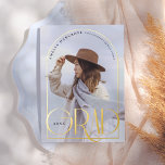 Essence Real Gold Foil Arch Graduate Announcement<br><div class="desc">Showcase two of your favorite photos with these "Essence" announcement cards. The front of these cards features a full-bleed photo of the graduate, a chic pressed gold foil frame in an elegant arch shape, and "grad" in capital letters. The graduate's name and alma mater is written along the top. The...</div>