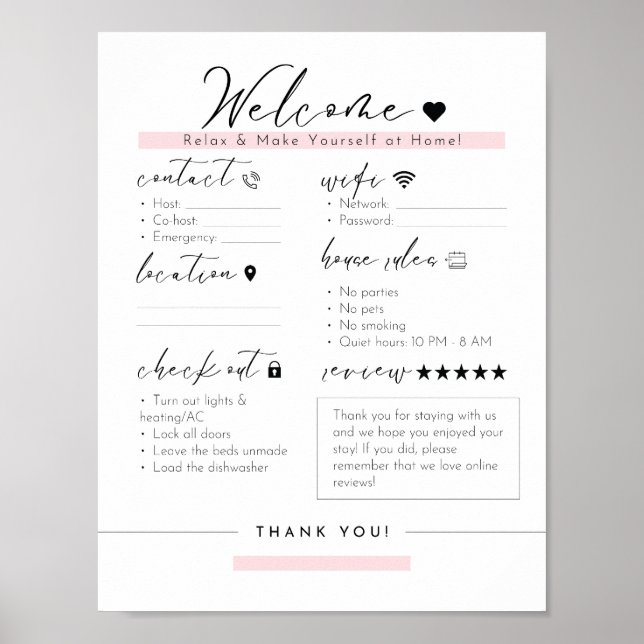 Essential Airbnb Info Sign – Modern Black & Blush (Front)