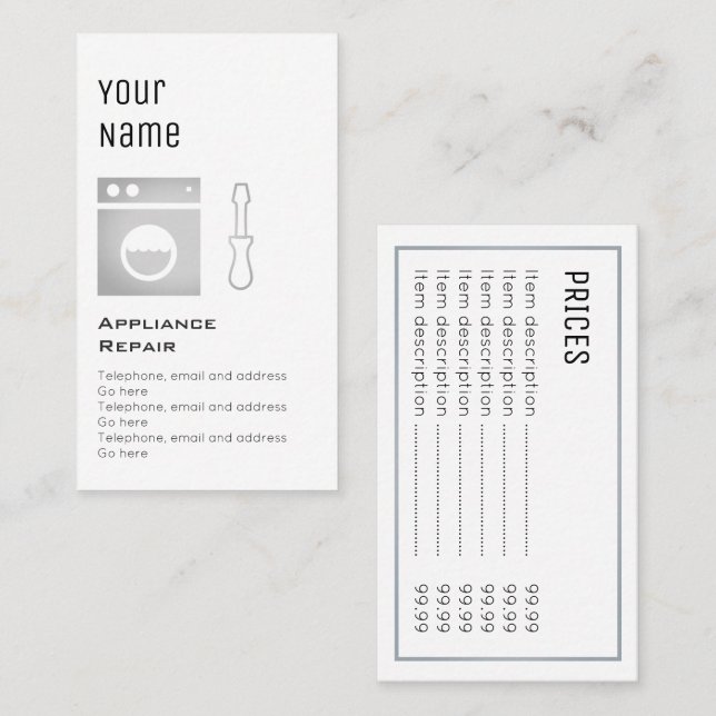 "Essential" Appliance Repair Price Cards (Front/Back)