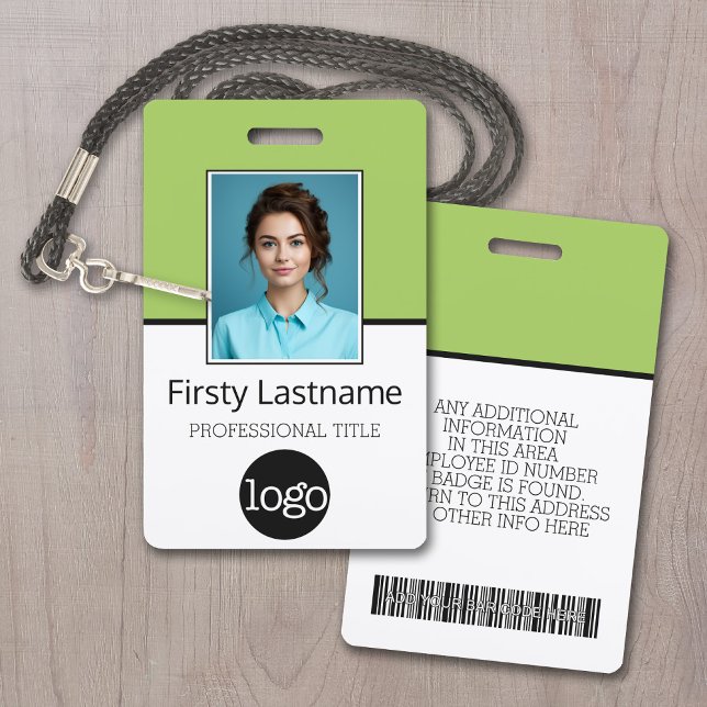 Essential Employee - Photo, Bar Code, Logo, Name Badge (Employee ID Badge with Custom Logo, Photo and Scan Bar Code - Lime Green Accents)
