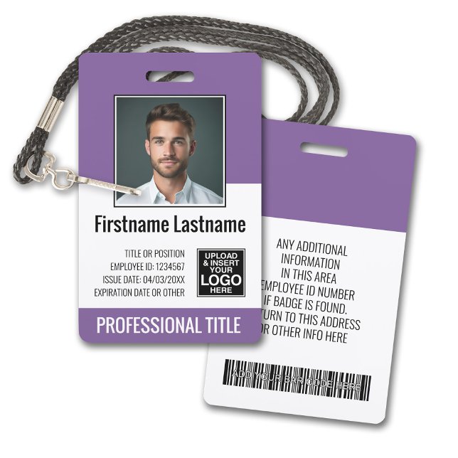 Essential Employee - Photo, Bar Code, Logo, Purple Badge (Plastic ID Badge - Customize with Employee Photo and Credentials. Purple Accents)