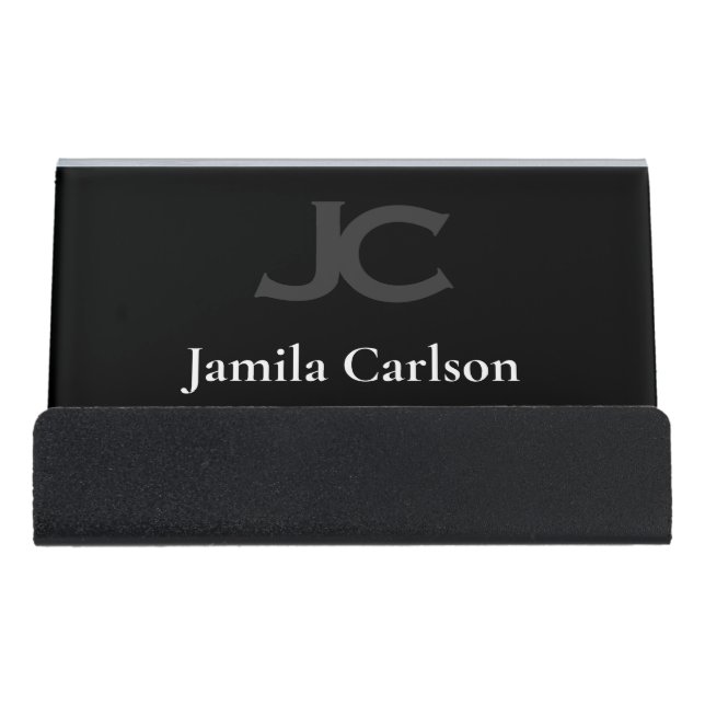 essential Initials name minimal black Desk Business Card Holder (Front)