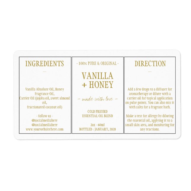 Essential Oil Cosmetic Vanilla Honey Ingredients Label (Front)
