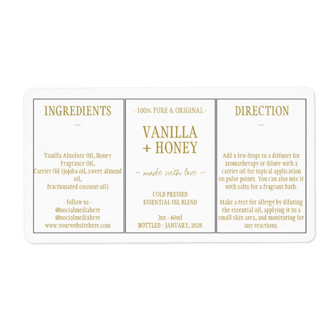 Essential Oil Cosmetic Vanilla Honey Ingredients Label