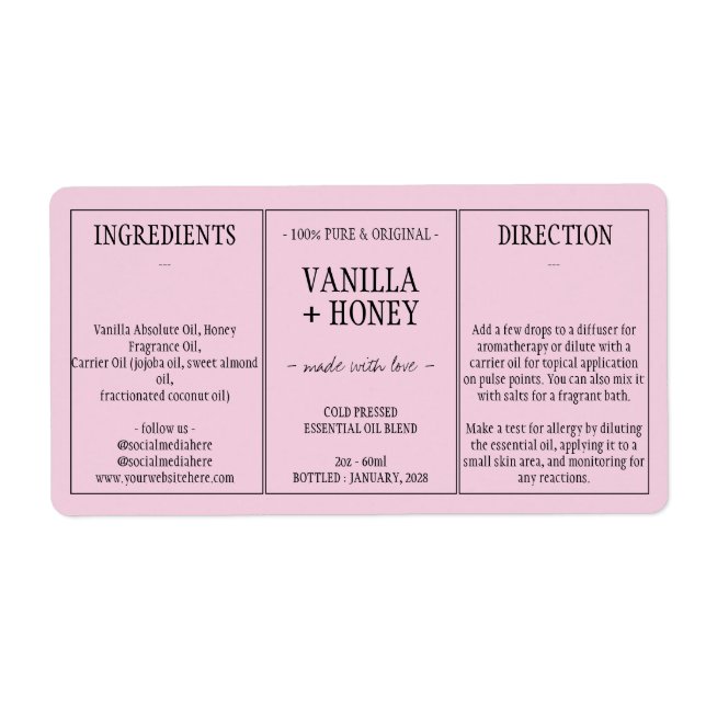 Essential Oil pink Cosmetic Bottle Wrap Label (Front)