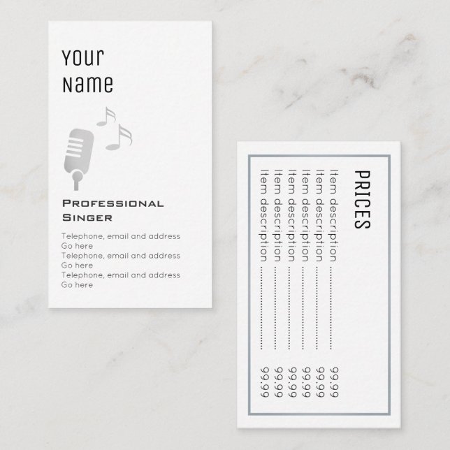 "Essential" Professional Singer Price Cards (Front/Back)