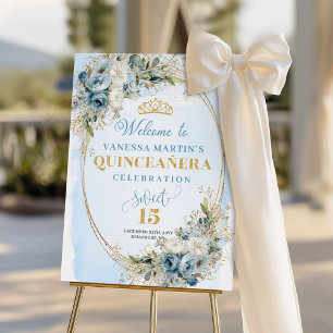 Essential Quinceañera Welcome Poster Blue Gold 