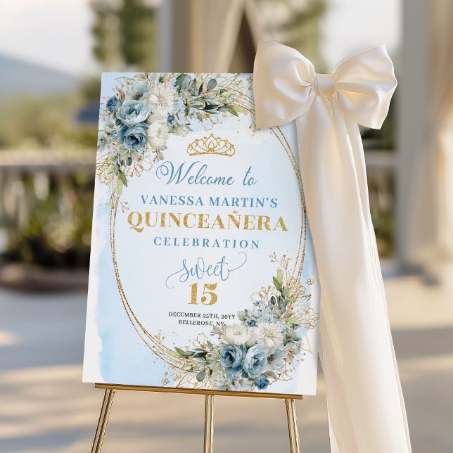 Essential Quinceañera Welcome Poster Blue Gold  (Favorito letrero bienvenida quinceañera azul y eucalipto)