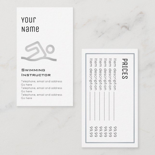 "Essential" Swimming Instructor Price Cards (Front/Back)