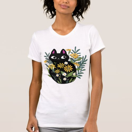 Essential T_Shirt Black cat with flowers  designe T_Shirt