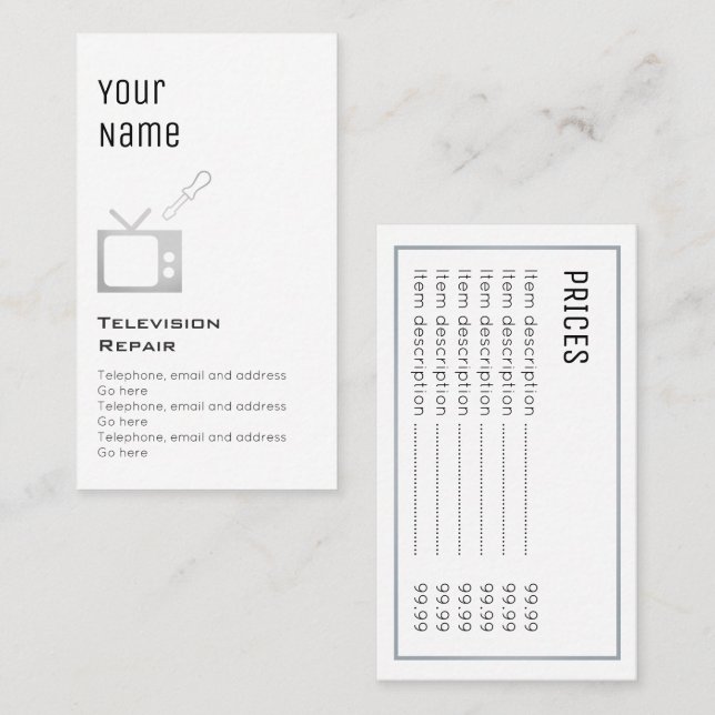 "Essential" Television Repair Price Cards (Front/Back)