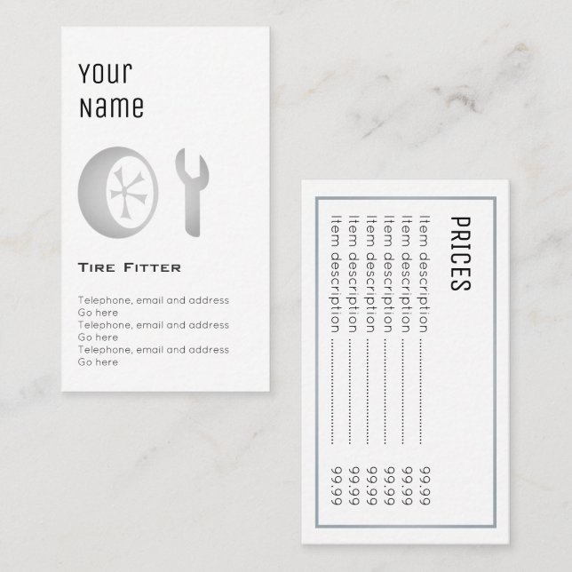 "Essential" Tire Fitter Price Cards (Front/Back)