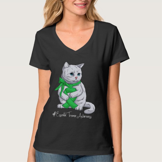 Essential Tremor Awareness Month Green Ribbon Cat T-Shirt (Front)