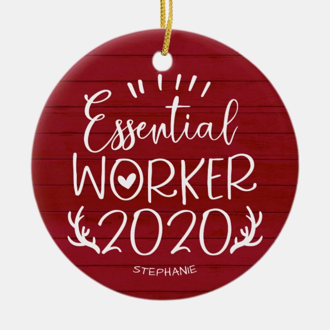 Essential Worker 2020 Covid Christmas Red Wood Ceramic Ornament (Front)