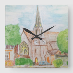 Essex Church Water Color Pencil Square Wall Clock