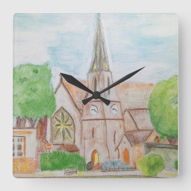 Essex Church Water Color Pencil Square Wall Clock (Front)