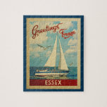 Essex Sailboat Vintage Travel Connecticut Jigsaw Puzzle<br><div class="desc">This Greetings From Essex Connecticut vintage travel nautical design features a boat sailing on the water with seagulls and a blue sky filled with gorgeous puffy white clouds.</div>