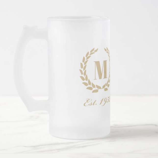 Est. 1952 birthday Monogram Gold Frosted Glass Beer Mug (Left)