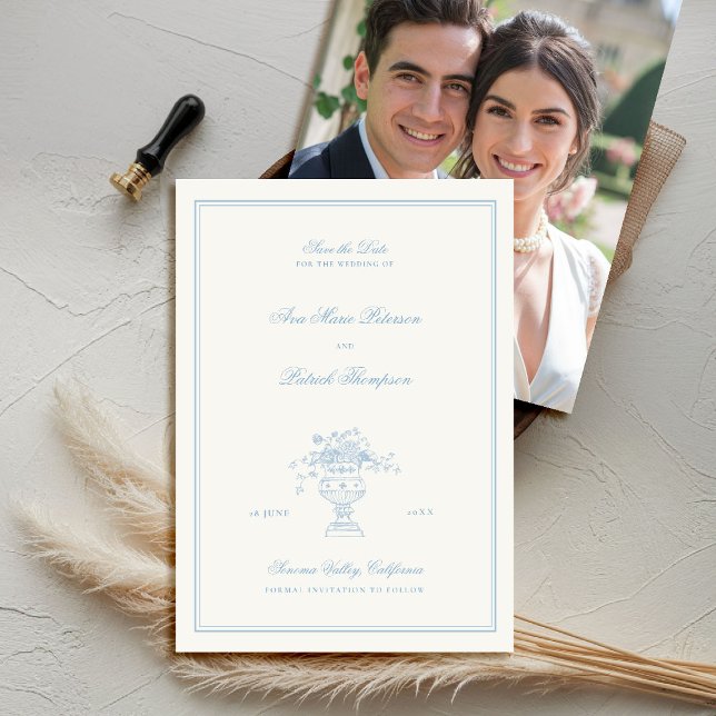 Estate Floral Elegant Blue Frame Photo Wedding Save The Date (elegant wedding save the date photo template chateau estate garden destination blue periwinkle)