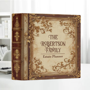 Estate Planner Family Name Elegant Vintage Leather 3 Ring Binder