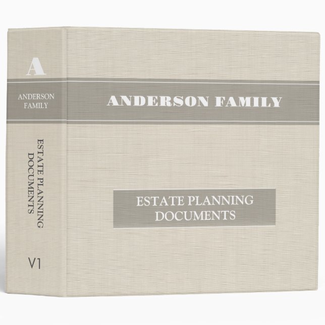 Estate Planning And Trust Documents Beige Linen 3 Ring Binder (Front/Spine)