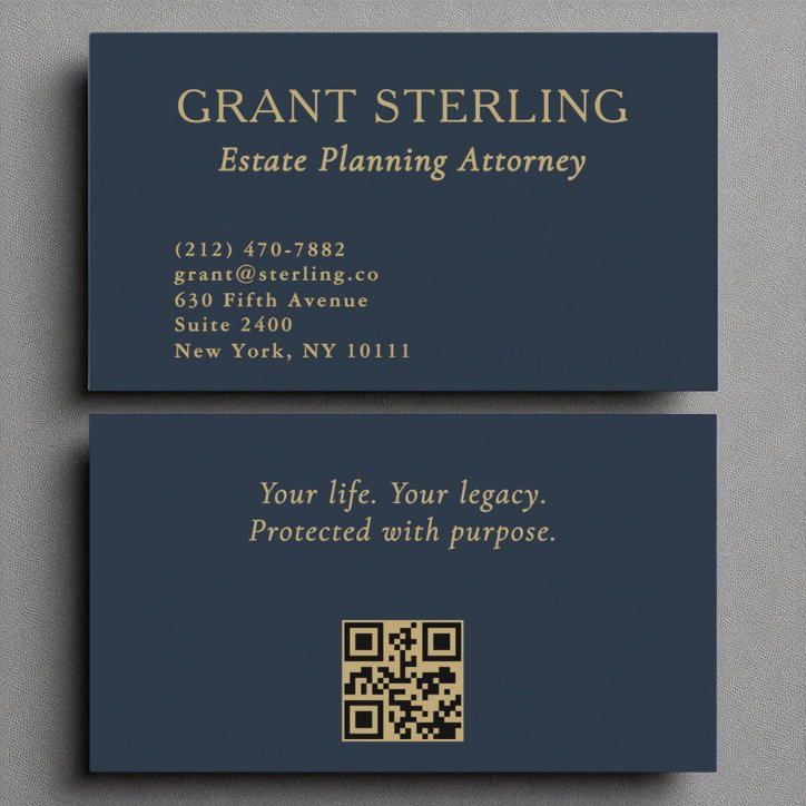 Estate Planning Attorney Navy Blue Gold QR Code Business Card
