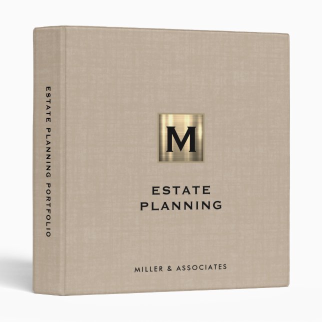 Estate Planning Beige Linen Gold Initial Logo 3 Ring Binder (Front/Spine)