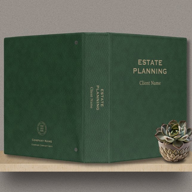 Estate Planning Client Name Logo Green Leather  3 Ring Binder (Estate Planning Binder with Client Name, Company Name & Logo in faux green leather with gold text.)