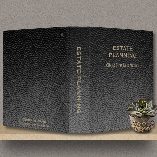 Estate Planning Company Client Name Black Leather  3 Ring Binder (Estate Planning Binder in Black Faux Leather with Gold Lettering, custom company and client names.)