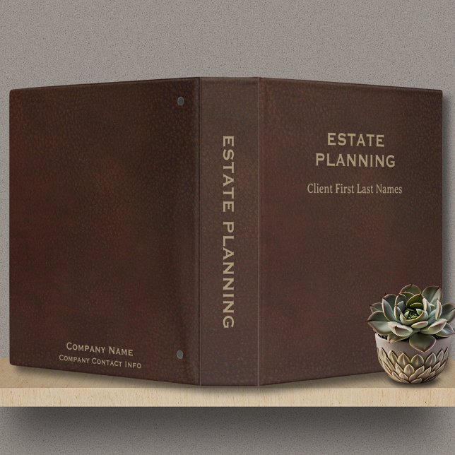Estate Planning Company Client Name Brown Leather  3 Ring Binder (Estate Planning Binder in Brown Faux Leather with Gold Lettering, custom company and client names.)