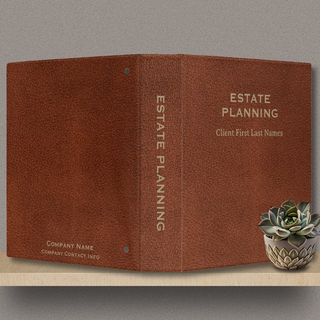 Estate Planning Company Client Name Tan Leather 3 Ring Binder (Estate Planning Binder in Tan Faux Leather with Gold Lettering, custom company and client names.)