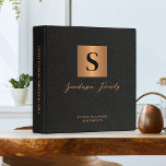 Estate planning documents black leather gold  3 ring binder<br><div class="desc">Luxury modern elegant monogram initial and family name signature script style personalized estate planning trust documents portfolio binder featuring a faux metallic gold copper square with initial letter and your custom text over a black leather like (PRINTED TEXTURE) background.</div>