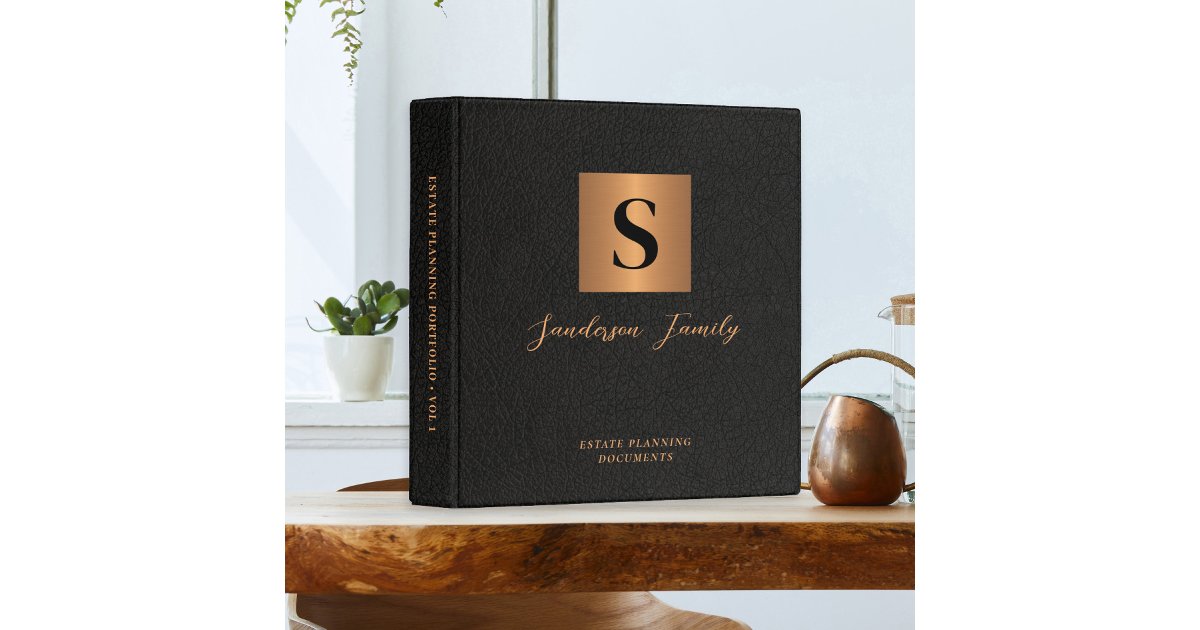 Estate planning documents black leather gold 3 ring binder | Zazzle
