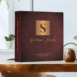 Estate planning documents burgundy leather gold<br><div class="desc">Luxury modern elegant monogram initial and family name signature script style personalized estate planning trust documents portfolio binder featuring a faux metallic gold copper square with initial letter and your custom text over a burgundy leather like (PRINTED TEXTURE) background.</div>