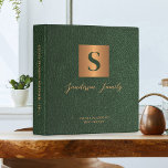 Estate planning documents dark green leather gold<br><div class="desc">Luxury modern elegant monogram initial and family name signature script style personalized estate planning trust documents portfolio binder featuring a faux metallic gold copper square with initial letter and your custom text over a dark emerald green leather like (PRINTED TEXTURE) background.</div>