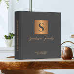 Estate planning documents dark grey gold  3 ring binder<br><div class="desc">Luxury modern elegant monogram initial and family name signature script style personalized estate planning trust documents portfolio binder featuring a faux metallic gold copper square with initial letter and your custom text over a dark grey gray solid charcoal background.</div>