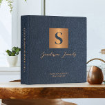 Estate planning documents navy blue leather gold<br><div class="desc">Luxury modern elegant monogram initial and family name signature script style personalized estate planning trust documents portfolio binder featuring a faux metallic gold copper square with initial letter and your custom text over a dark navy blue leather like (PRINTED TEXTURE) background.</div>