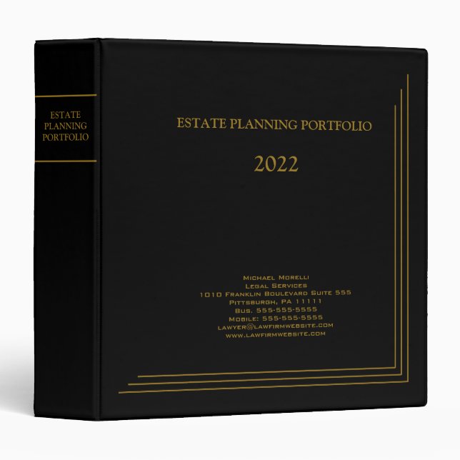 Estate Planning Portfolio - Black | Gold 3 Ring Binder (Front/Spine)