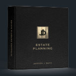 Estate Planning Portfolio Black Leather Print Gold 3 Ring Binder<br><div class="desc">Keep your important estate planning documents organized with this personalized portfolio. The design features a brushed metallic gold emblem with your two initial overlapping monogram or logo in classic block typography. The text "Estate Planning" is displayed in elegant golden letters below, with your company name in the lower thirds in...</div>