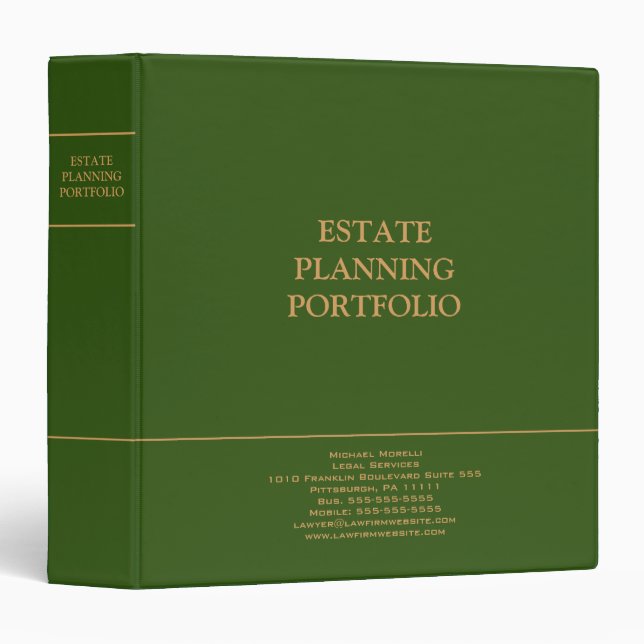 Estate Planning Portfolio - Green | Gold 3 Ring Binder (Front/Spine)